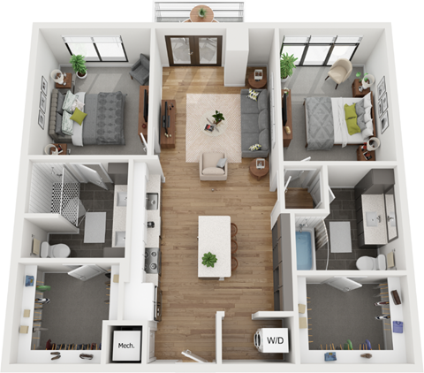2 bedroom 2 bathroom floor plan at Deca Apartments, South Carolina, 29601
